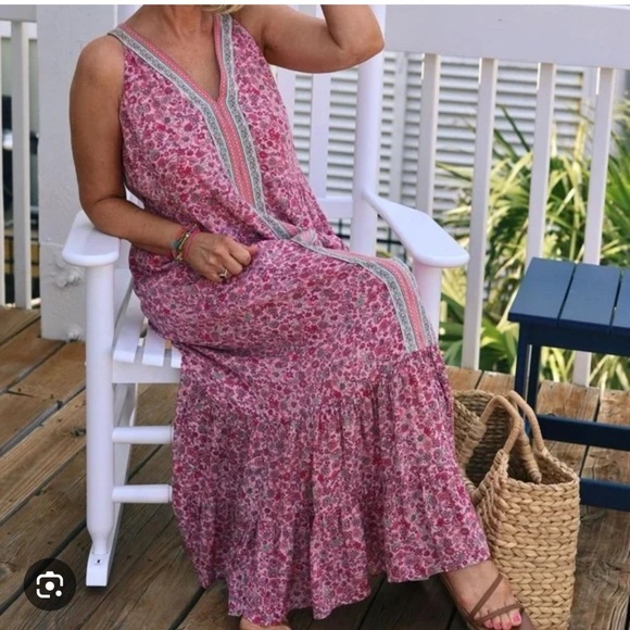 J.Jill Pink Green Floral V-neck Flounced Hem Sleeveless Maxi Dress - Picture 3 of 14